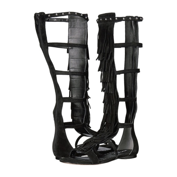 Alice + Olivia Black Oily Suede Fringed Paula Gladiator Sandal